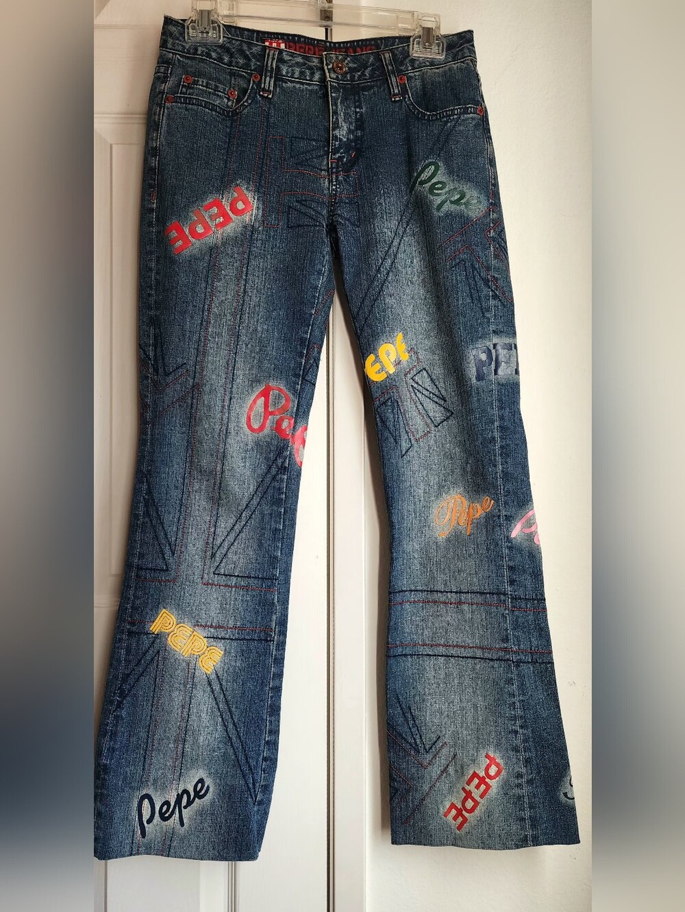 Pepe Jeans Blue Denim Wide Leg Jeans with Multicolor Logos